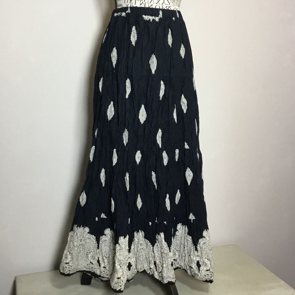 Cotton paisley crinkle maxi skirt blue with white elasticated waist 28”-32” M